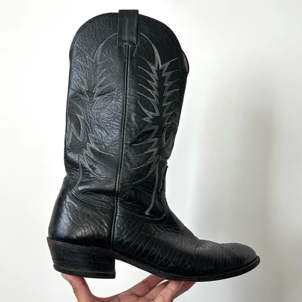 VINTAGE 1990S WESTERN BLACK LEATHER COWBOY BOOTS By Nocona Size- Men's 10D - Picture 5 of 10